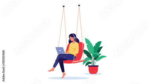 Creative freelancer enjoys the freedom of working on a swing with a laptop and music during a sunny day outdoors.