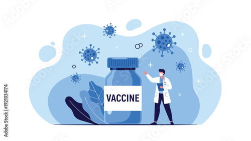 Laboratory scientist presents a new vaccine in a large blue bottle while virus particles float in the background.