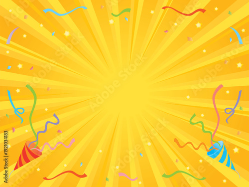 パーティークラッカーと黄色い集中線の背景