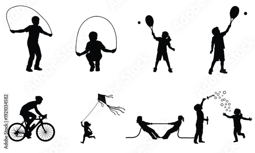 Diverse activities featuring children and adults engaging in playful and dynamic movements