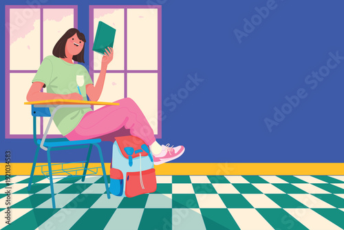 A student girl sitting at a desk in a classroom, reading and writing with her backpack nearby. Bright colorful illustration with large copy space for back to school promotion