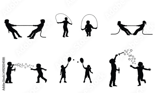 Silhouettes of people engaged in various dynamic physical activities and sports movements