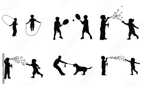 Silhouettes of people engaging in various outdoor recreational activities together