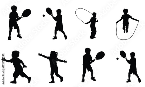 Children engaged in various sports and physical activities with jump ropes and tennis rackets