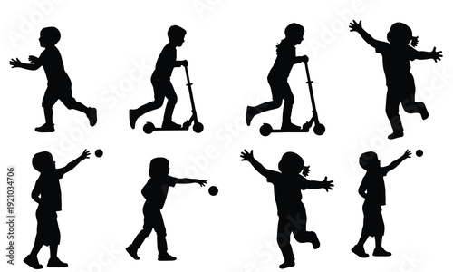 Children enjoying various outdoor activities and sports with scooters and balls.