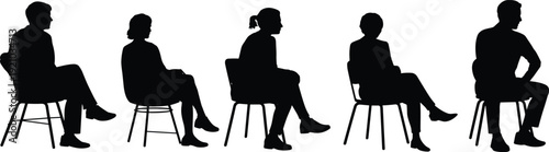 Seated silhouettes, people sitting, waiting room, crossed legs, chair posture, male female figures, lineup, panel discussion, vector illustration, uniform pose
