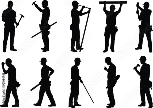 Construction worker silhouettes holding tools hammer level plank crowbar poses, builder labor team collection illustration concept set