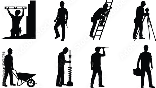 Construction worker silhouettes leveling drilling climbing surveying carrying toolbox collection, builder activity team, industrial occupation illustration concept