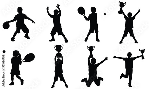 A sequence of tennis player actions from serving to celebrating victory