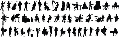 Musician silhouettes playing instruments, orchestra band vector, violin cello harp drums, trumpet trombone saxophone guitar keyboard, performance illustration, music design