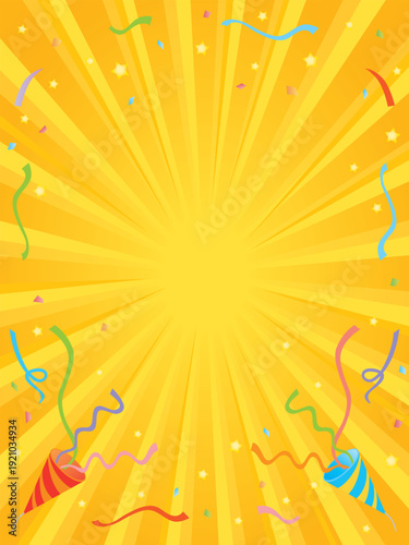 パーティークラッカーと黄色い集中線の背景