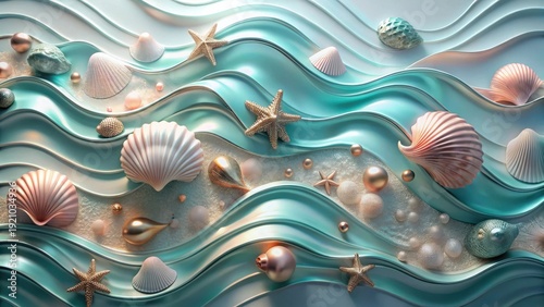 Ocean Dreamscape Pastel Shells and Starfish Adorn Wavy Aqua Surface with Elegant Ornate Decorations
