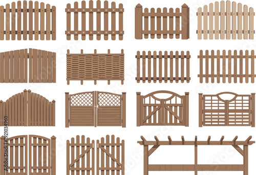 Collection of various wooden fence and gate designs including picket fences garden gates trellis panels and rustic timber backyard boundary structures