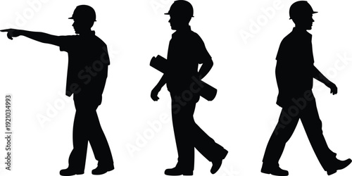 Construction worker silhouettes set, builder in hard hat walking and pointing isolated black vector illustration collection
