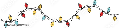 Colorful Christmas lights garland hand drawn vector illustration with red yellow and blue festive bulbs on a tangled black wire string
