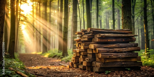 Golden Sunlight Illuminates a Stack of Timber in a Serene Forest Setting
