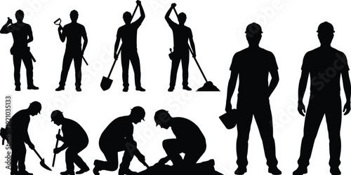 Construction worker silhouettes set, builders digging and working with shovel tools isolated black vector illustration collection
