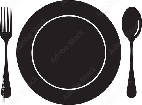 Abstract logo of a cafe or restaurant. A spoon and fork on a plate. A simple outline