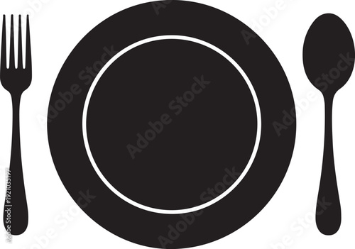 Abstract logo of a cafe or restaurant. A spoon and fork on a plate. A simple outline