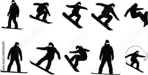 Flat vector illustration of snowboarder silhouettes, dynamic poses, tricks, jumps, riding stances, winter sports motion, snowboarding action artwork