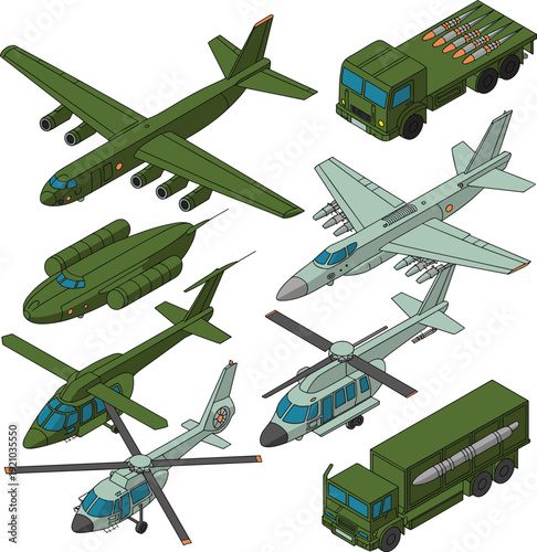 Isometric Military Transport Set Featuring Fighter Jet, Cargo Airplane, Attack Helicopter and Missile Truck Vector Illustration for Defense, Aviation and Army Logistics Design