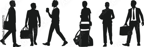 Flat vector illustration of traveler silhouettes, people walking with luggage, business commuters carrying bags, urban transport hub scene, travel icon design