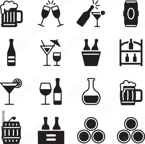 Alcoholic drinks icons vector set. Alcohol illustration symbol collection. Glass, bottle, barrel sign or logo