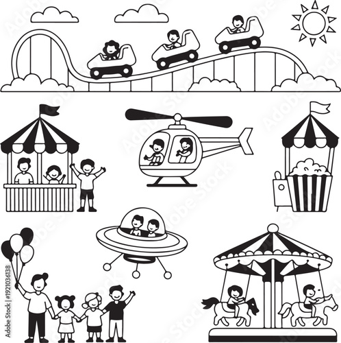 Amusement park pictogram icons set. Amusement parks for children and family. Fun and entertainment outdoors