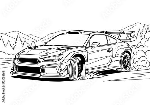 Speedster car racing through scenic mountain road with trees. Coloring page. drawing illustration