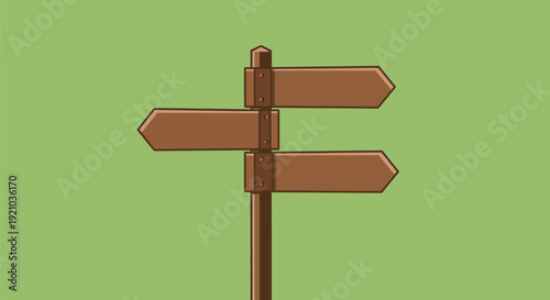 Brown wooden directional signpost with three arrows.