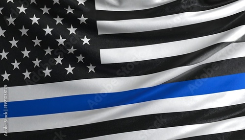 Altered USA flag with black and white stripes and one thin blue line