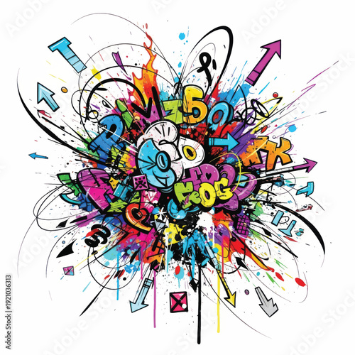 Vibrant Abstract Graffiti Burst with Colorful Arrows and Shapes in Dynamic Composition.