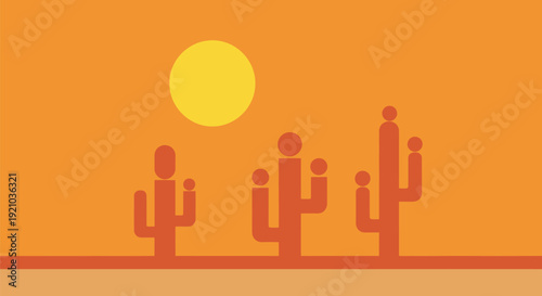 Cacti Silhouettes Against Orange Sunset Sky.
