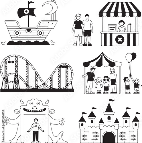 Amusement park pictogram icons set. Amusement parks for children and family. Fun and entertainment outdoors