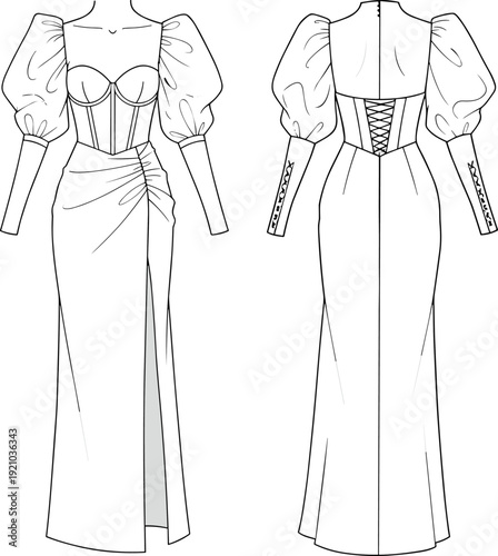 Elegant long sleeve evening gown flat sketch, CAD fashion illustration with puff sleeves, corset bodice, front slit, back lace-up design
