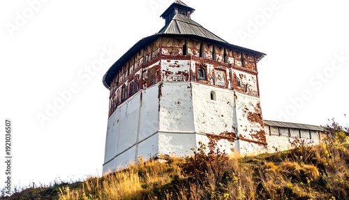 Old fortified tower with white walls and dark roof, standing on a grassy hill against a clear sky