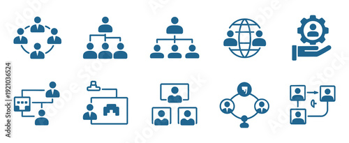 Set of human resource organization management icon set, featuring teamwork, hierarchical structure