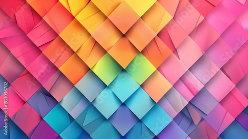 Vibrant abstract geometric background featuring layered colorful squares and diagonal shapes in rainbow gradient tones