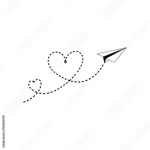 Paper airplane in flight, creating a heart shape path, love, travel concept