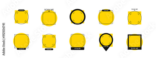 Scan me Frame. Mobile payment and shop identification icon with barcode. Scan blank sticker or click button. Retail app template now. Flat Vector illustration.