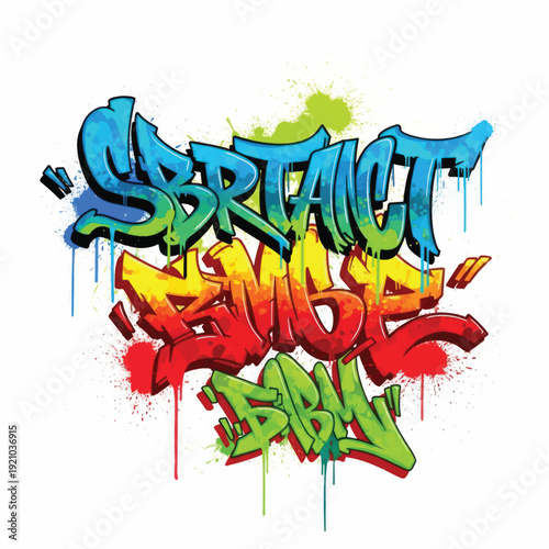 Colorful graffiti mural with bold urban lettering and dripping spray paint on a wall.