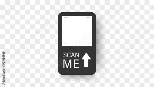 Scan QR code. Click icon or CTA button in Frame now. Simple Scanner mockup with arrow for business and mobile app. Vector illustration in flat style.