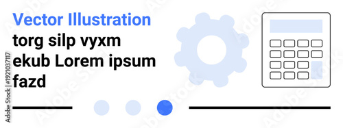 Gear icon, calculator, horizontal lines, and circular elements with placeholder text. Ideal for technology, finance, education, mechanics, planning UIUX simple landing page