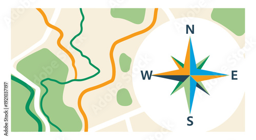 Colorful Compass Rose on Map Background.