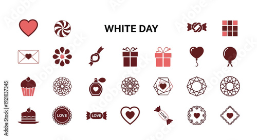 A collection of charming icons representing White Day gifts and symbols, including hearts, candies, cakes, and envelopes.