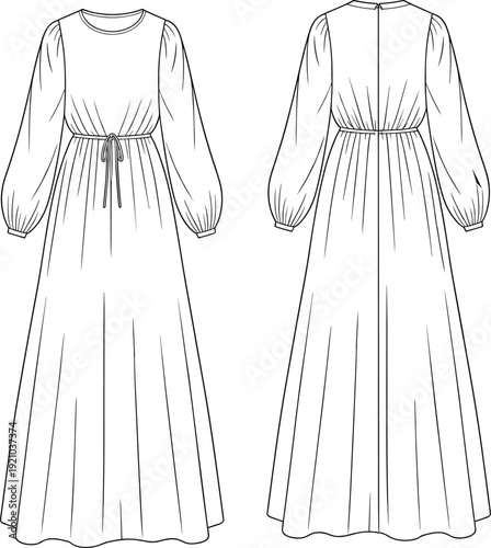 Elegant maxi dress with puff sleeves and waist tie, front and back fashion flat sketch for apparel design and sewing reference.
