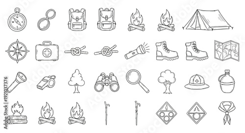 A collection of hand-drawn vector icons representing camping, hiking, and outdoor adventure gear and symbols.