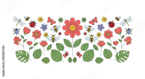 Colorful Paper Flowers and Bees Illustration.