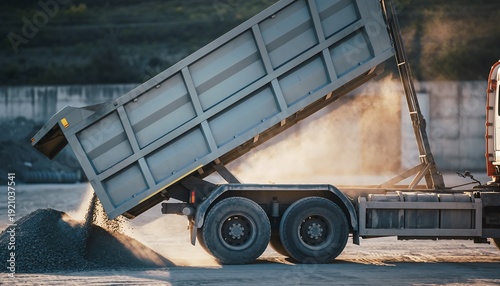 Dump truck unloading gravel on a construction site, heavy machinery in action, industrial scene, daytime, outdoor environment, side viewpoint