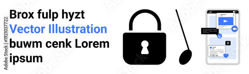 Cybersecurity, privacy solutions, data protection, online communication, digital locks, secure transactions. Visuals include a lock, a smartphone with chat messages and a pointer. Cybersecurity